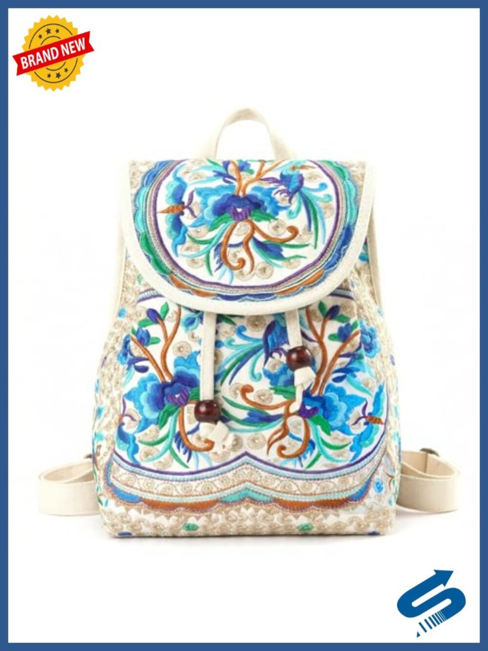 Embroidered Canvas Mini Backpack Purse, Floral Boho Daypack for Travel